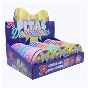 Fita plastica decorativa 15mmx10m - BOLINHAS - CX C/ 36 (vm,lj,am,vd cl,az cl,rx,rs cl,pk,az es)